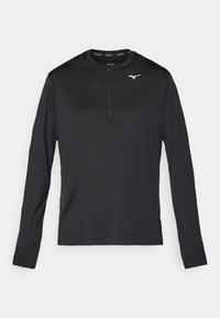 Langermet treningsskjorte i svart med halv-zip hals og en liten hvit logo på brystet. Laget av glatt, lett materiale.
