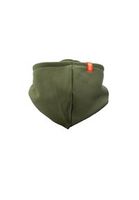 Olive green neck gaiter made from soft material, featuring a seamless design and an orange logo tag on one side.