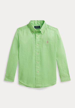 Jasnozielona lniana koszula na długi rękaw z guzikami, z klasycznym kołnierzykiem, różowym logo polo oraz zapinana z przodu na guziki.