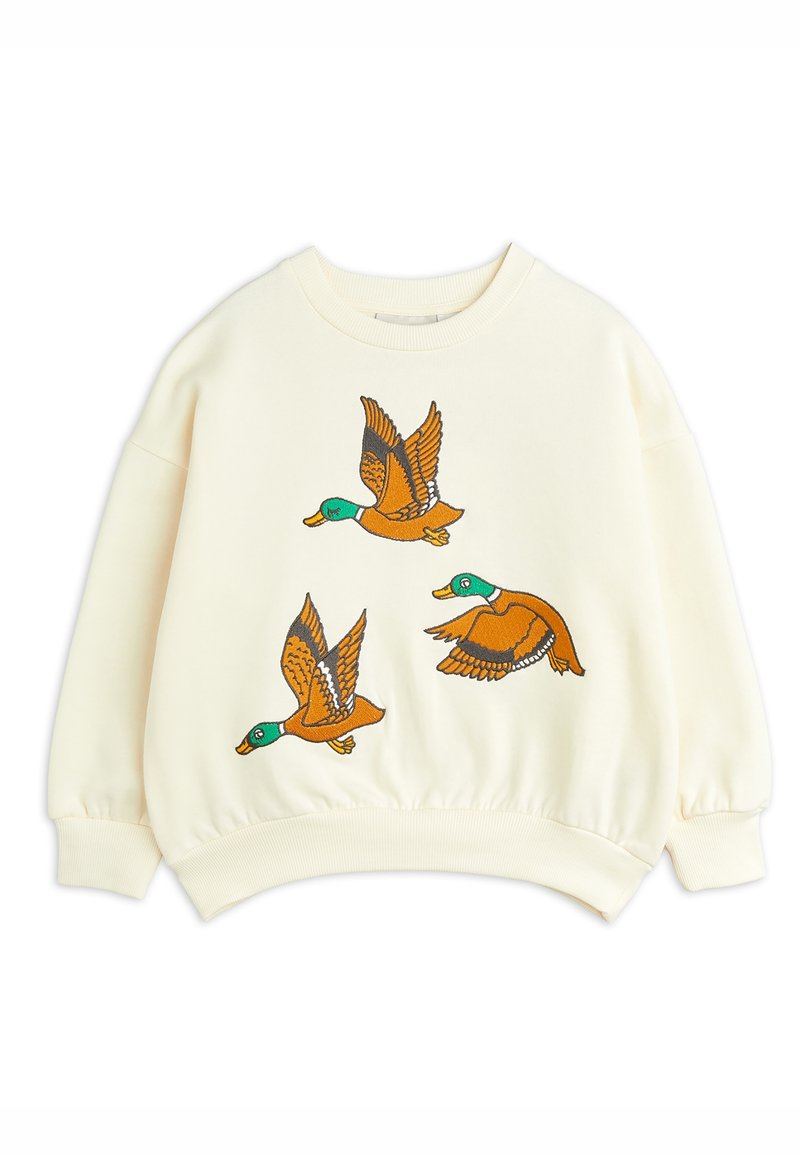 Sweatshirt couleur crème avec trois canards colverts brodés en vol, en vert, marron et orange, sur le devant.