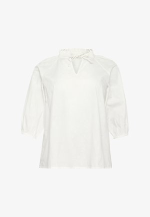 Hvid bomuldsbluse med en sammenkrøjet halsudskæring, V-formet udskæring, 3/4 længde pufærmer og en subtil broderet mønster over det hele.