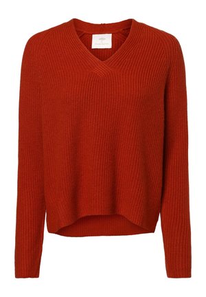 Ruosteenvärinen neulottu V-pääntiepaita, jossa on pitkät hihat ja resoripinta, etiketti näkyvissä pääntien sisäpuolella.