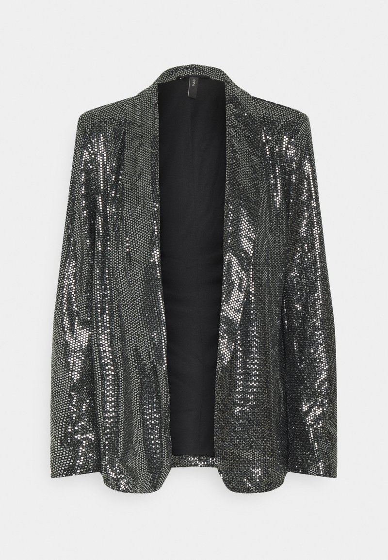Blazer noir à ouverture frontale recouvert de sequins argentés brillants, avec manches longues et une doublure intérieure noire lisse.
