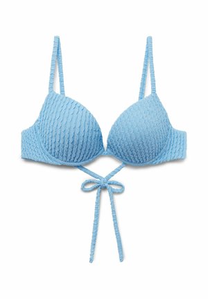 Light blue textured bikini top with padded cups, adjustable shoulder straps, and front tie knot detail on a white background.