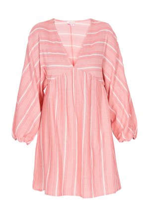Bluză roz deschis cu dungi albe orizontale, decolteu în V și mâneci lungi bufante. Confecționată dintr-un material moale, cu un design fluid.