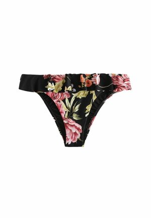 Bloemen bikinionderdeel met een zwarte achtergrond, met roze en gele bloemen. Volantsrand langs de taille en een getailleerd ontwerp.