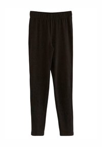 Svart, stretchiga leggings med elastisk midja och slimmad passform, tillverkade av mjukt tyg med en slät textur.