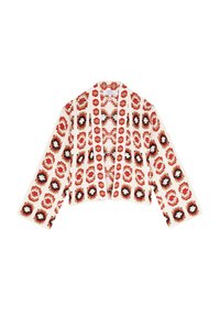 Korte cardigan met een geometrisch patroon in rood, zwart en wit. Gebreide stof met lange mouwen en een open voorkant.
