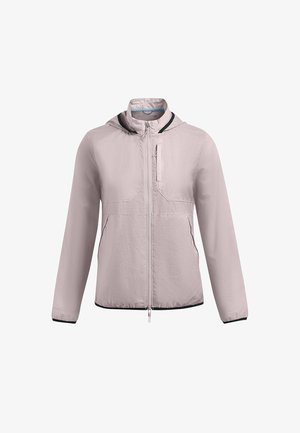 Chaqueta ligera de color rosa claro con capucha, cierre frontal con cremallera, dos bolsillos laterales y detalles de ribete en negro. Fabricada con un tejido suave y resistente al agua.
