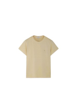 Camiseta de algodón beige claro de manga corta con cuello redondo y pequeño logo bordado en el pecho izquierdo.