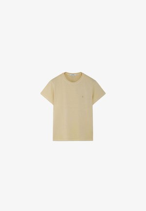 T-shirt en coton beige clair à manches courtes avec col rond et petit logo brodé sur le côté gauche de la poitrine.