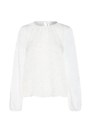 Top bianco a maniche lunghe in pizzo, con scollatura rotonda, dettagli arricciati e chiusura a stringa sul retro. Vestibilità leggermente ampia.