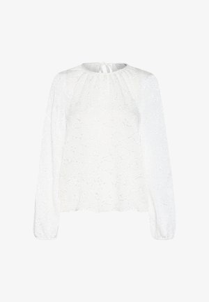 Balts garās piedurknes tops, izgatavots no mežģīnēm, ar apaļu dekoltē, ieplīsušām detaļām un aukliņu aizdari aizmugurē. Nedaudz brīvs griezums.