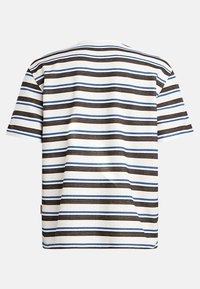 Striped short-sleeve shirt in cream, brown, and blue. Lightweight fabric with a crew neckline and standard fit. Vertical stripes pattern throughout.