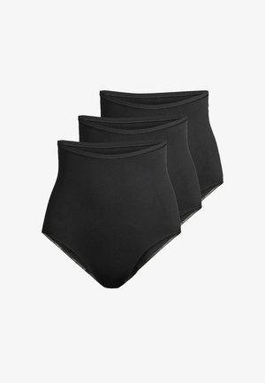 Trzy czarne bezszwowe figi z wysokim stanem ułożone jedna na drugiej, pokazujące gładką tkaninę i elastyczne paski w talii damskiej bielizny.