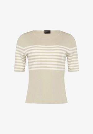 Maglione corto color beige chiaro a maniche corte con strisce bianche orizzontali nella parte superiore. Realizzato in tessuto a maglia testurizzato, con scollatura rotonda.