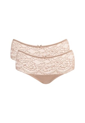 Two beige lace floral patterned women's hipster panties with small decorative bows centered on the waistband.