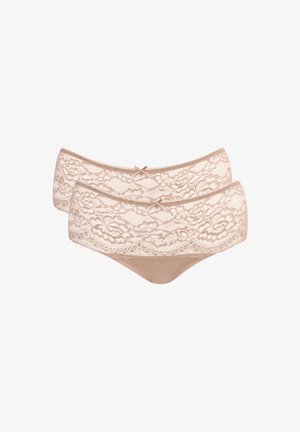 Two beige lace floral patterned women's hipster panties with small decorative bows centered on the waistband.