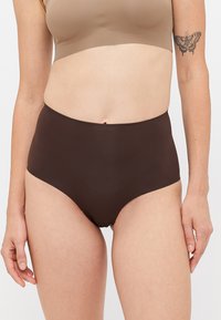 Brown high-waisted underwear made from smooth, stretchy material with a full coverage design. No visible seams or embellishments.