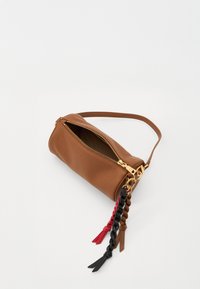 Brown leather handbag with a textured finish, a gold zipper closure, and a detachable strap. Features colorful braided accents in black, red, and brown.