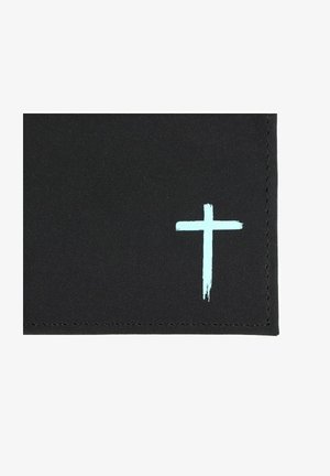 Black fabric with stitched edges featuring a small blue painted cross near the bottom right corner.