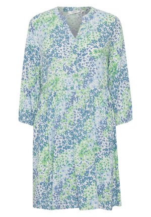 Floral dress featuring a V-neckline, long sleeves, and a tiered skirt. Made from lightweight fabric in shades of blue and green.