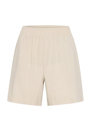 Pantalones cortos de lino beige con una cintura elástica, que presentan un corte holgado y una textura suave, diseñados para comodidad y transpirabilidad.