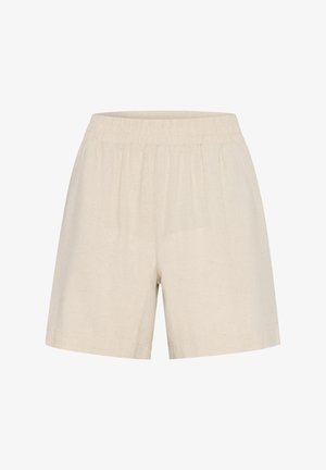Pantaloni corti in lino beige con vita elasticizzata, caratterizzati da una vestibilità ampia e una consistenza liscia, progettati per comfort e traspirabilità.