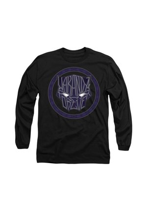 Black long-sleeve shirt with a stylized purple and silver "Wakanda Forever" Panther mask logo in the center.