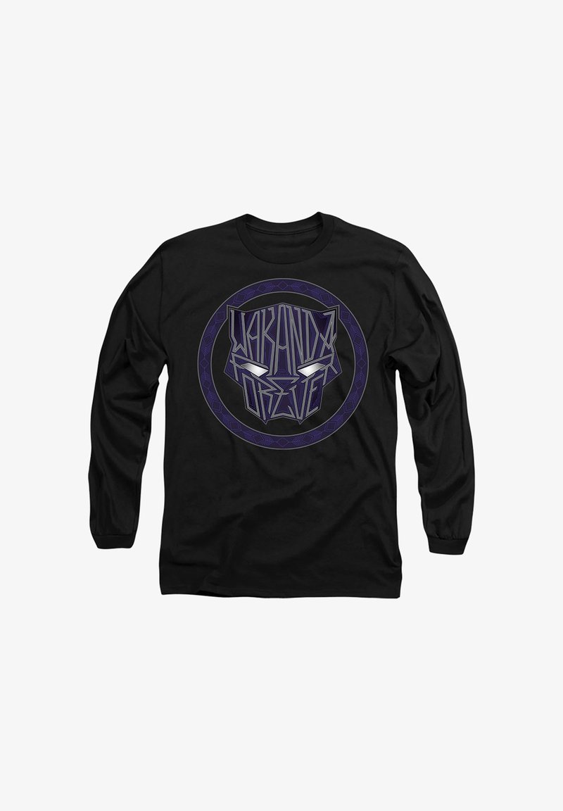 Schwarzes Langarmshirt mit einem stilisierten lila und silbernen "Wakanda Forever" Panthermasken-Logo in der Mitte.