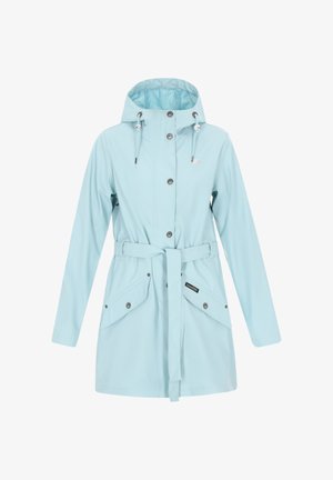 Gaiši zila, ūdensnecaurlaidīga jaka ar kapuci, jostu, pogu aizdari un sānu kabatām. Gluda tekstūra ar pieguļošu dizainu, kas paredzēts āra valkāšanai.