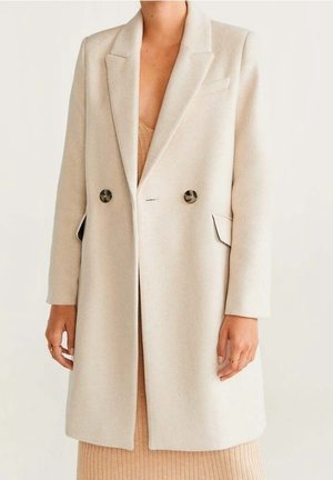 Manteau beige croisé à deux boutons, avec revers à crans et poches avant à rabat, porté sur une robe côtelée.