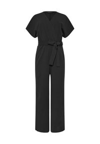 Tuta nera realizzata in un tessuto liscio, con scollo a V, maniche corte, cintura da annodare in vita e pantaloni a gamba larga.