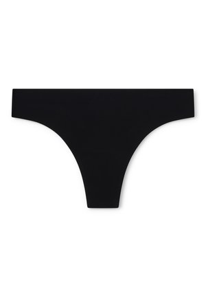 Tanga negra hecha de tela suave, con un diseño minimalista, una cinturilla ancha y una parte trasera en forma de V.