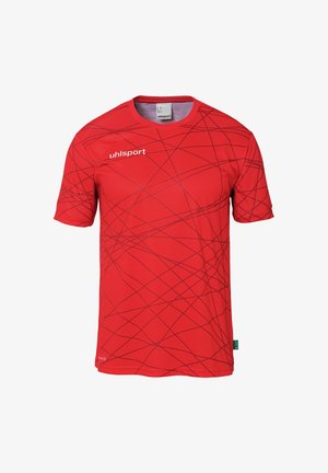 Red short-sleeved sports shirt made of lightweight fabric, featuring a dynamic abstract pattern of darker red lines. Branding on the front.