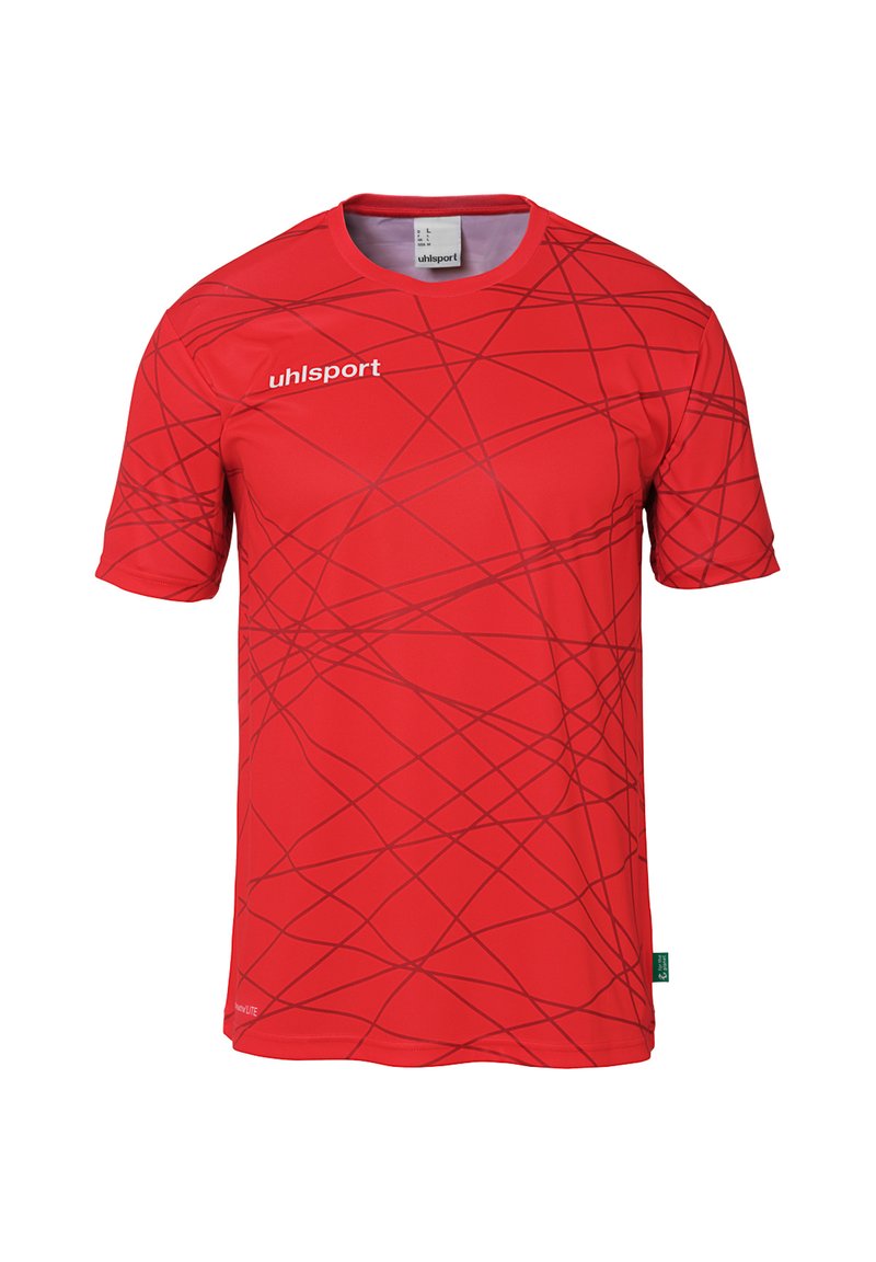 Rode sportshirt met korte mouwen, gemaakt van lichtgewicht stof, met een dynamisch abstract patroon van donkerdere rode lijnen. Merknaam aan de voorkant.