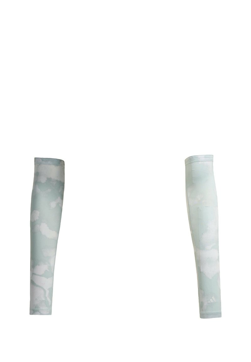 Light blue arm sleeves with a cloud pattern, made from a stretchy fabric. Features a seamless design and elastic cuffs at the openings.