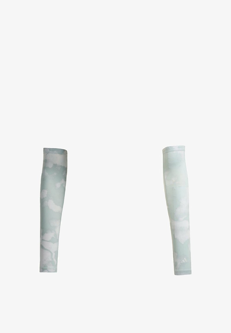 Light blue arm sleeves with a cloud pattern, made from a stretchy fabric. Features a seamless design and elastic cuffs at the openings.