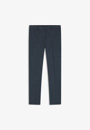 Dark blue tailored pants featuring a subtle texture, straight cut, belt loops, and two side pockets. No visible patterns or hardware details.