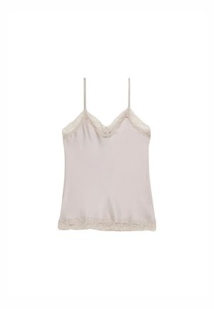 Camisola rosa pallido con pizzo lungo il colletto e l'orlo, dotata di sottili spalline regolabili e una morbida trama di tessuto liscia.