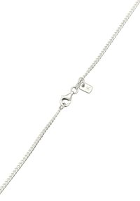 Silver chain necklace with a woven design, featuring a lobster clasp and a small tag with a star symbol. Smooth, shiny texture.