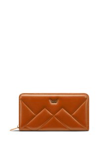 Brown leather wallet with geometric quilted pattern, zip closure, and embossed logo. Smooth texture, rectangular shape, and sleek design.