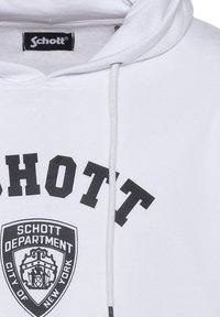 Biała bluza z kapturem z przednią kieszenią kangurka, z czarnym graficznym logo i wyraźnym napisem "SCHOTT DEPARTMENT" na piersi i kapturze.
