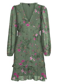 Zielona sukienka w kwiaty z długimi bufkami, dekoltem w serek, falbanami na dole oraz miękką teksturą materiału w kolorze różowych i fioletowych kwiatów.