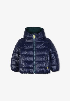 Donkerblauwe donsjas met capuchon, lichtblauwe ritssluiting, elastische manchetten en twee zakken aan de voorkant, ontworpen voor kinderen.