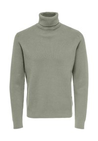 Suéter de cuello alto verde claro hecho de tela de punto acanalado. Presenta mangas largas y un cuello ajustado. Sin patrones ni embellishments visibles.