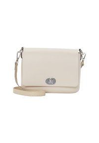 Borsa crossbody beige chiaro realizzata in pelle liscia, con una chiusura in argento, tracolla regolabile e cuciture sottili lungo i bordi.