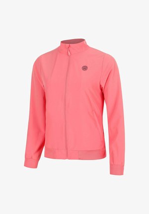 Langärmelige korallenrosa Jacke mit Reißverschluss, kleinem rundem Logo auf der linken Brust und gerippten Bündchen und Saum.