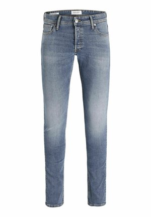 Jean en denim bleu clair avec une coupe slim, design à cinq poches et un aspect légèrement délavé. Comprend un bouton en métal et une fermeture éclair.