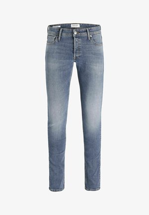 Jeans in denim blu chiaro con vestibilità slim, design a cinque tasche e una leggera scoloritura. Presentano un bottone in metallo e una chiusura lampo.